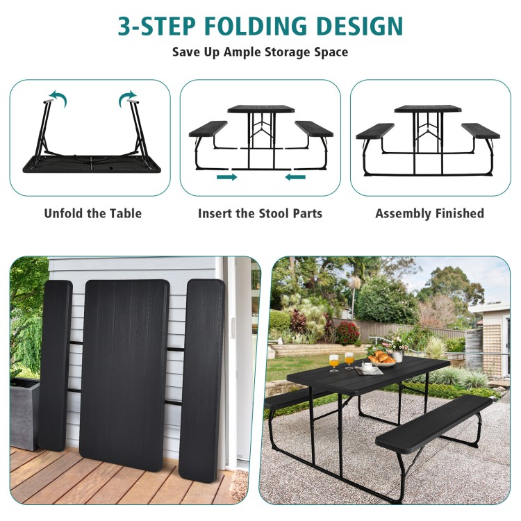 Folding picnic table bench set in black with wood-like texture, showcasing 3-step assembly for easy storage and use.