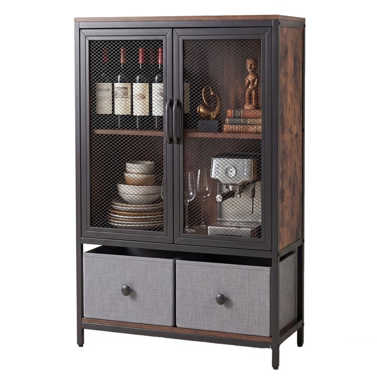 Industrial coffee bar cabinet in rustic brown with mesh doors, 2-tier storage, and two fabric drawers for stylish.