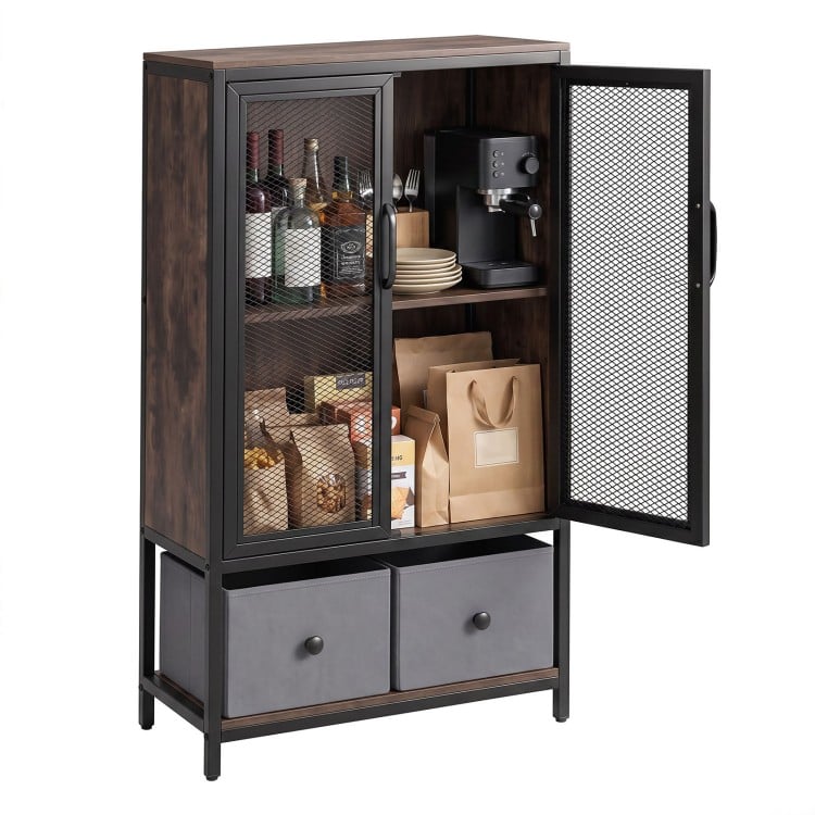 Industrial coffee bar cabinet in rustic brown with mesh doors, featuring 2-tier storage and two gray drawers.