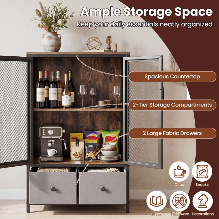 Industrial coffee bar cabinet in rustic brown with 2-tier storage, spacious countertop, and large fabric drawers for.