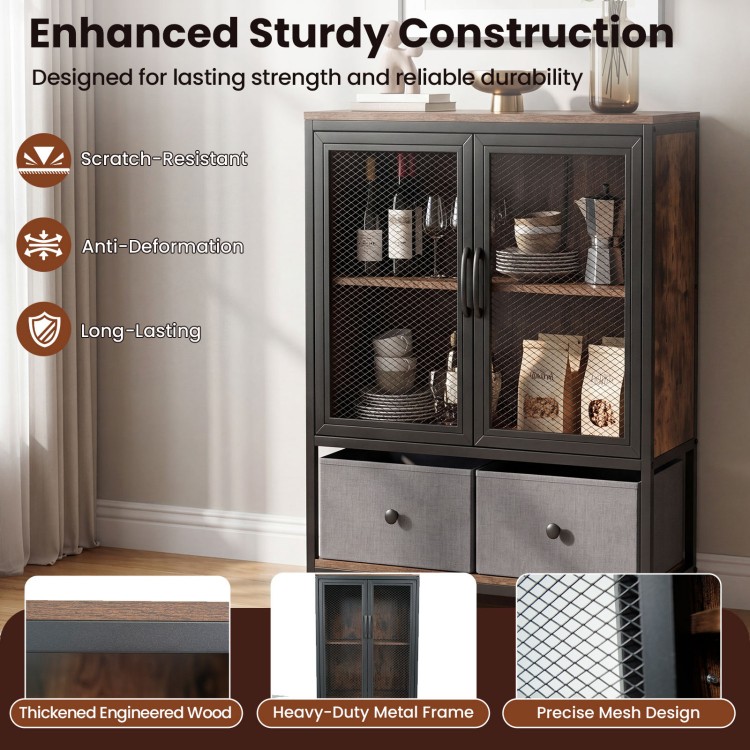 Industrial coffee bar cabinet in rustic brown with a thickened engineered wood frame and two-tier storage compartments.