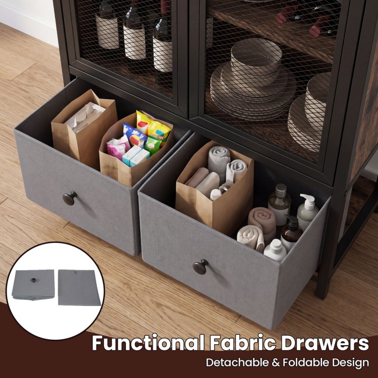 Functional fabric drawers in rustic brown coffee bar cabinet, featuring a detachable and foldable design for versatile.