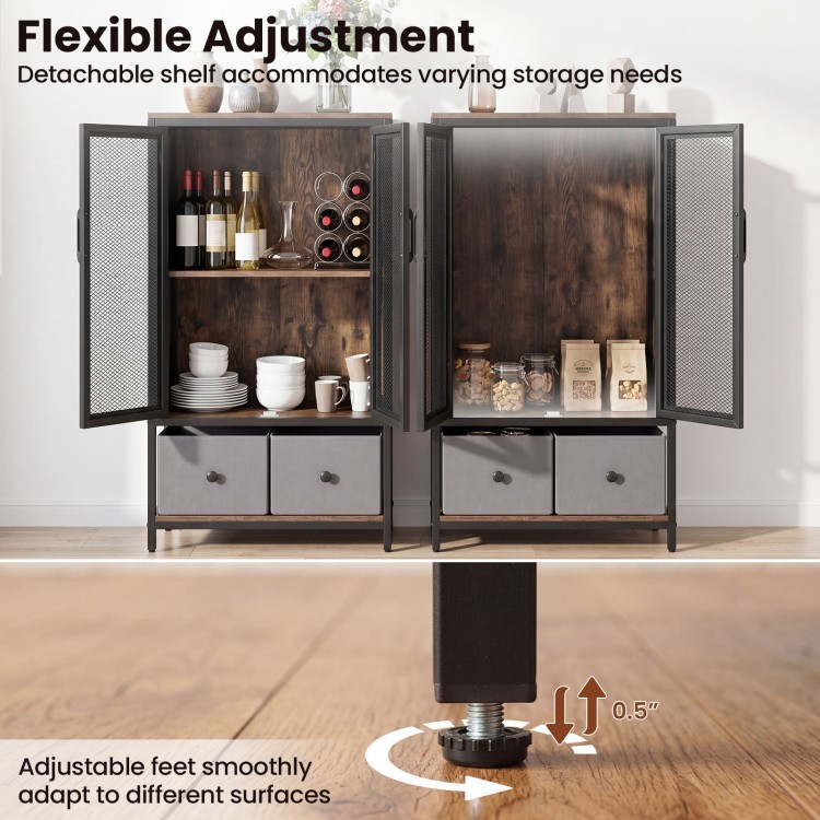 Industrial coffee bar cabinet featuring a rustic brown finish, adjustable feet, and flexible 2-tier storage.