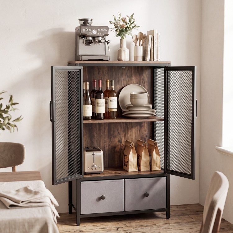 Industrial coffee bar cabinet in rustic brown with two-tier storage, featuring mesh doors and a stylish design for.