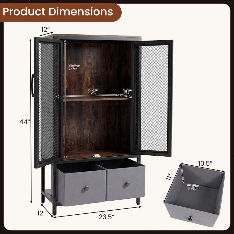 Industrial coffee bar cabinet in rustic brown with 2-tier storage, featuring mesh doors and two fabric bins for.