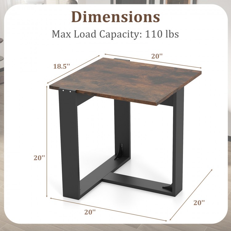 Industrial sofa end table with a spacious tabletop, T-shaped metal frame, and dimensions of 20" x 20" x 20".