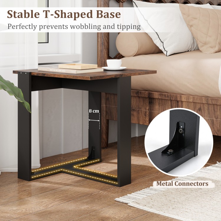 Industrial sofa end table with a stable T-shaped base and metal connectors, ideal for living room or bedroom use.