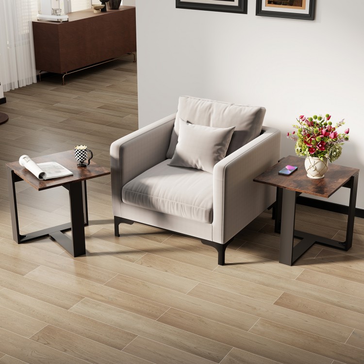 Industrial sofa end table with metal frame, featuring a spacious tabletop and stable T-shaped base for versatile use.