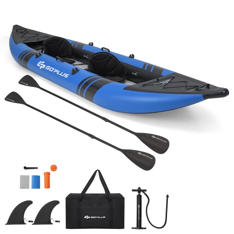 Inflatable 2-person kayak set in blue with aluminium oars, detachable fins, and adjustable seats for comfortable.