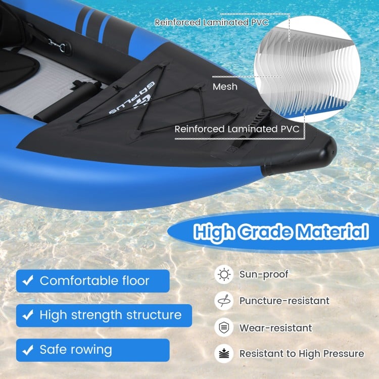 Close-up of the inflatable 2-person kayak in blue, featuring reinforced laminated PVC and a comfortable anti-slip floor.