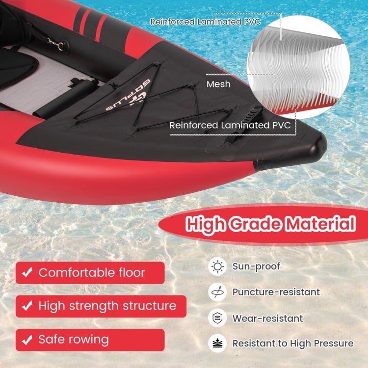 Inflatable 2-person kayak set in red with reinforced laminated PVC, featuring a comfortable floor and.