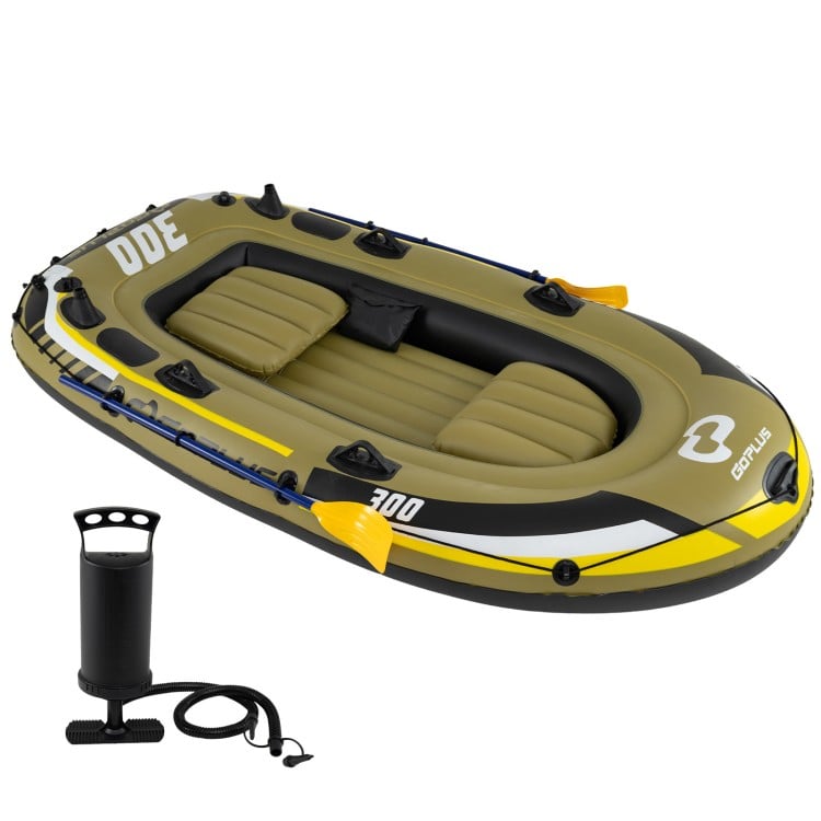 Three-person inflatable fishing raft set in green with oars and pump, ideal for outdoor water adventures.