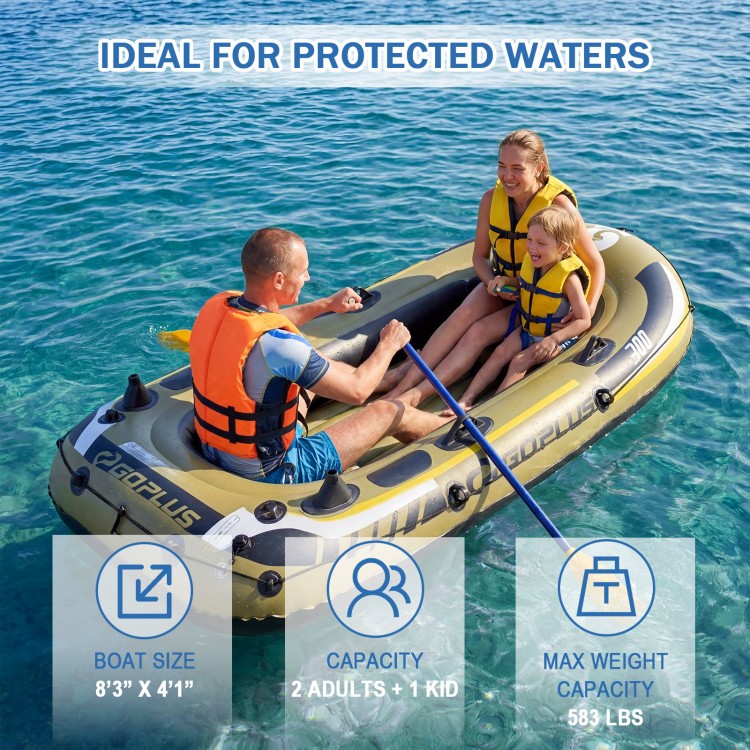 Three-person inflatable fishing raft in green, ideal for protected waters, with a capacity of 583 lbs for family fun.