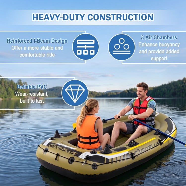Three-person inflatable fishing raft set in green, featuring heavy-duty PVC construction and I-beam design for.