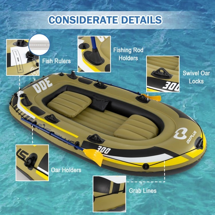 Inflatable 3-person fishing raft in green with oar holders, fishing rod holders, and grab lines for easy use.