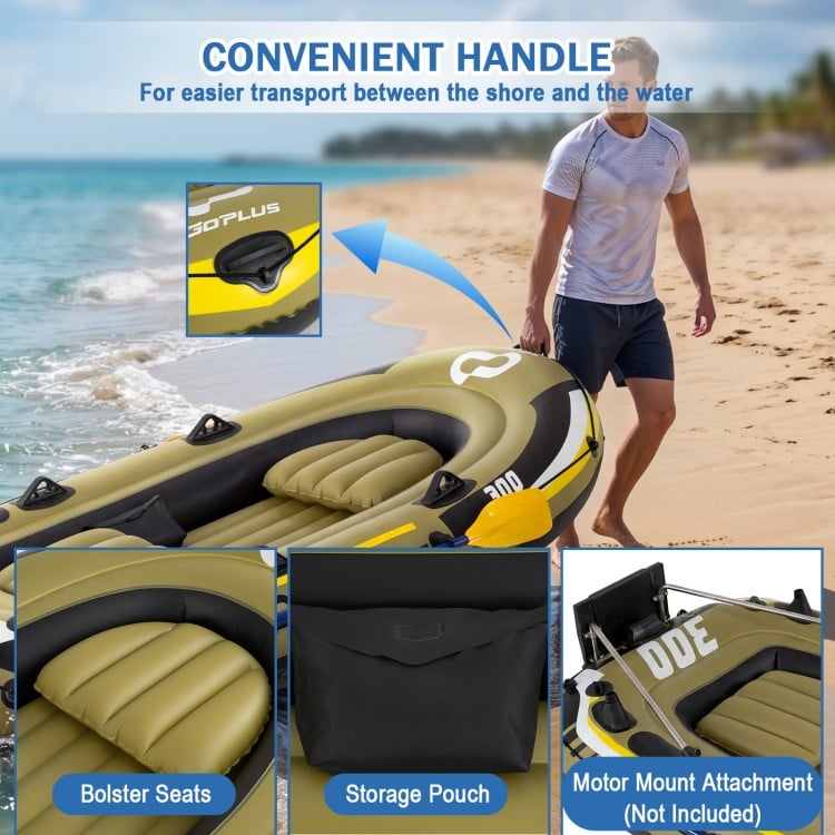Inflatable 3-person fishing raft in green with bolster seats, storage pouch, and convenient handle for easy transport.