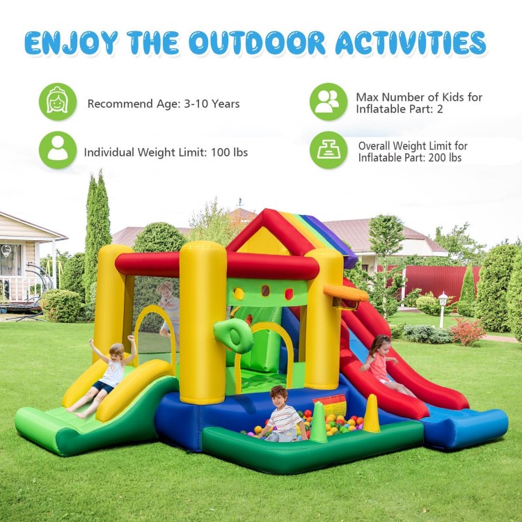 Colorful inflatable bounce castle with double slides, climbing wall, and ball pool for kids' outdoor fun.