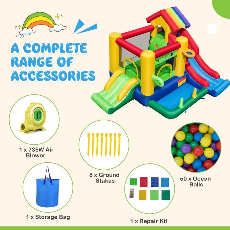 Inflatable bounce castle with double slides, 735W blower, 50 ocean balls, and complete accessories for outdoor fun.