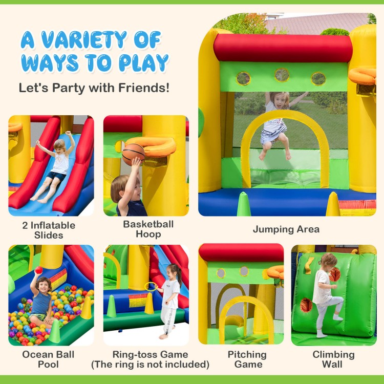 5-in-1 inflatable bounce castle featuring double slides, climbing wall, and ocean ball pool for kids' outdoor fun.