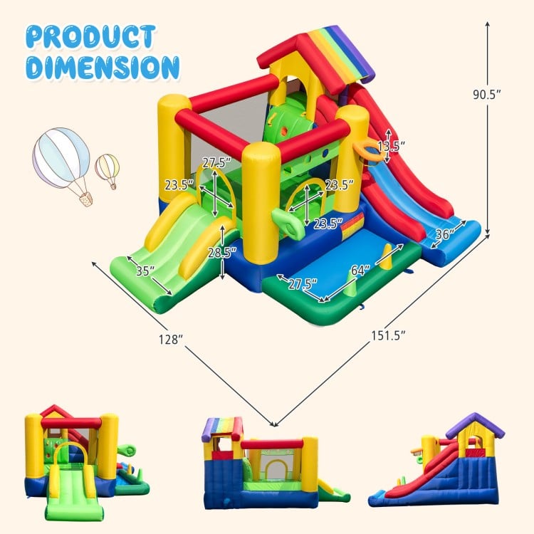 Product dimension chart for a colorful inflatable bounce castle with double slides, climbing wall, and ball pool.
