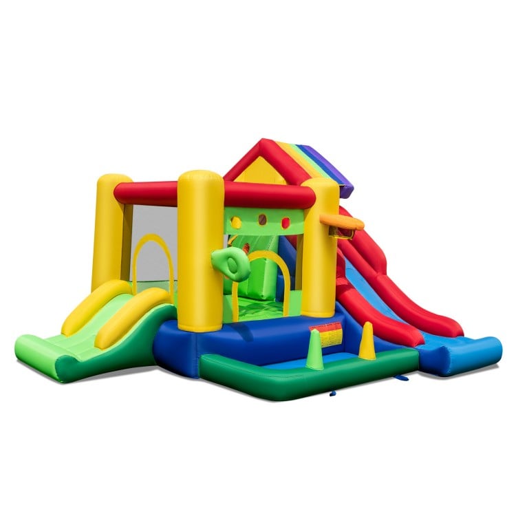 Vibrant inflatable bounce castle with protective mesh walls, climbing wall, and fun games for safe outdoor play and.