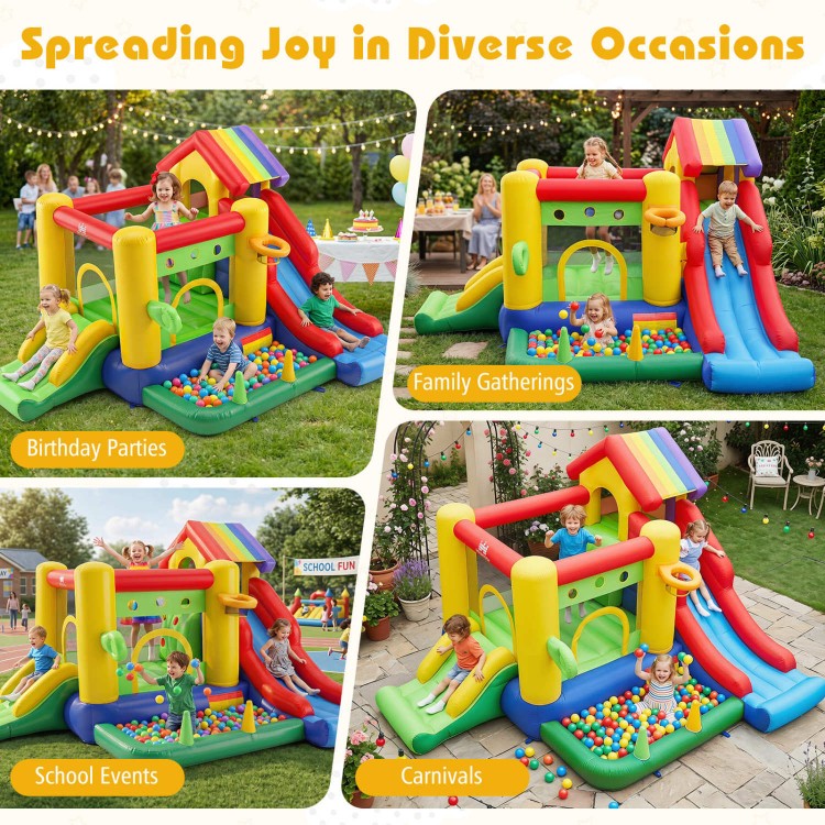 Colorful inflatable bounce castle with double slides, climbing wall, and ocean ball pool for outdoor fun and play.