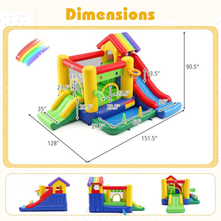 Colorful inflatable bounce castle with double slides, climbing wall, and ocean ball pool for outdoor fun.