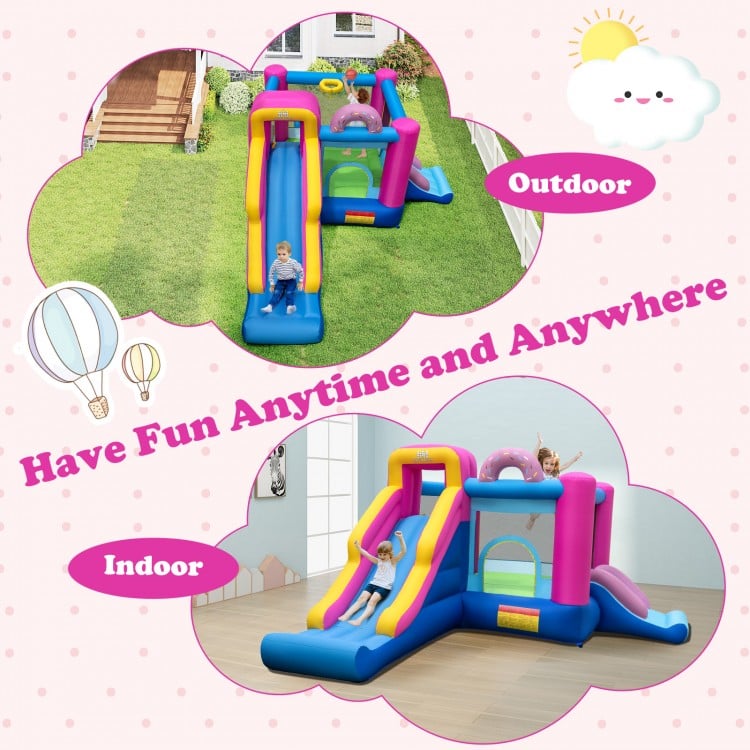 Inflatable bounce house with slides and basketball hoop, featuring a sweet doughnut theme for indoor and outdoor fun.