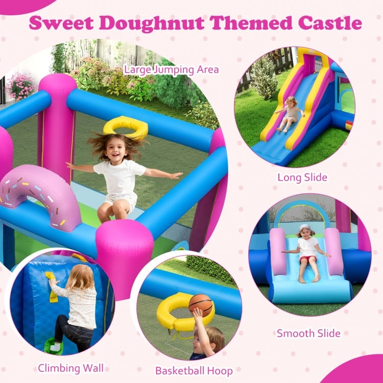 Sweet doughnut themed inflatable bounce house featuring a large jumping area, long slide, and basketball hoop for.