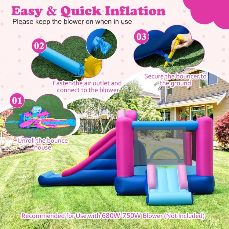 Inflatable bounce house with slides, basketball hoop, and safety features for backyard fun and active play.