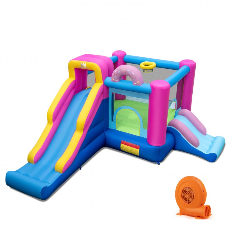 Doughnut-themed inflatable bounce house with long and smooth slides, climbing wall, and basketball hoop for active play.
