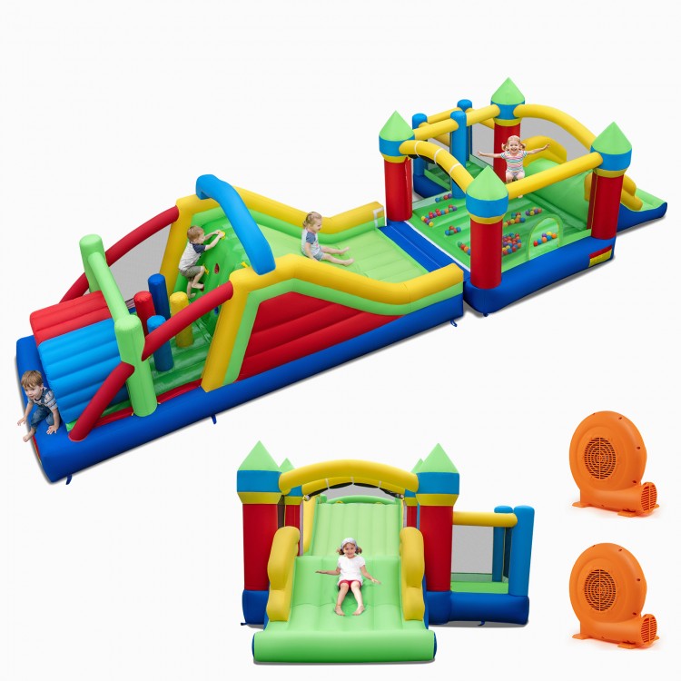 Inflatable bounce house with slide, climbing wall, and tunnels, made of durable 420D Oxford fabric for kids' outdoor.