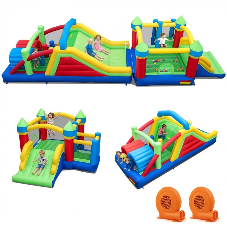 Inflatable bounce house with slide, climbing wall, and tunnels, made from durable 420D Oxford fabric for outdoor fun.