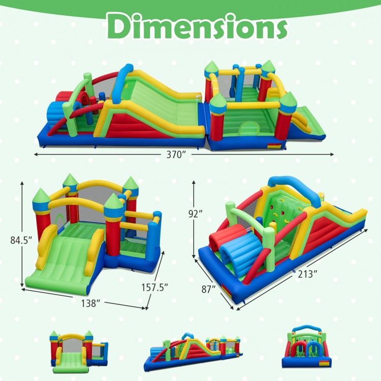 Inflatable bounce house with slide, climbing wall, and tunnels, made of durable 420D Oxford fabric for kids' fun.