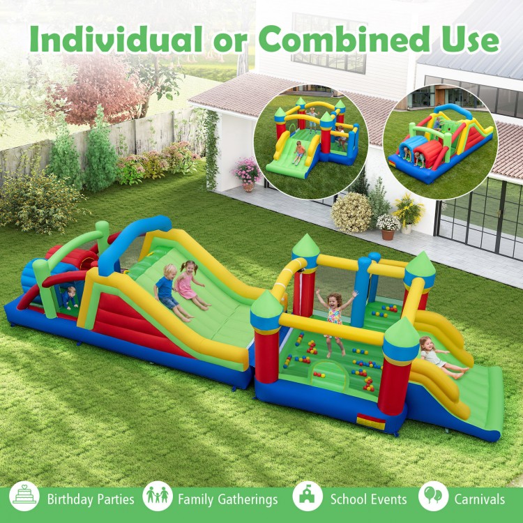 Inflatable bounce house with slide, climbing wall, and tunnels, made of durable Oxford fabric for outdoor fun.