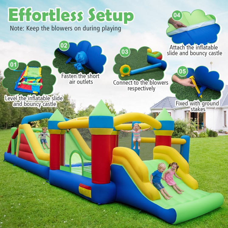 Inflatable bounce house with slide, climbing wall, and tunnels, made of durable 420D Oxford fabric for outdoor fun.