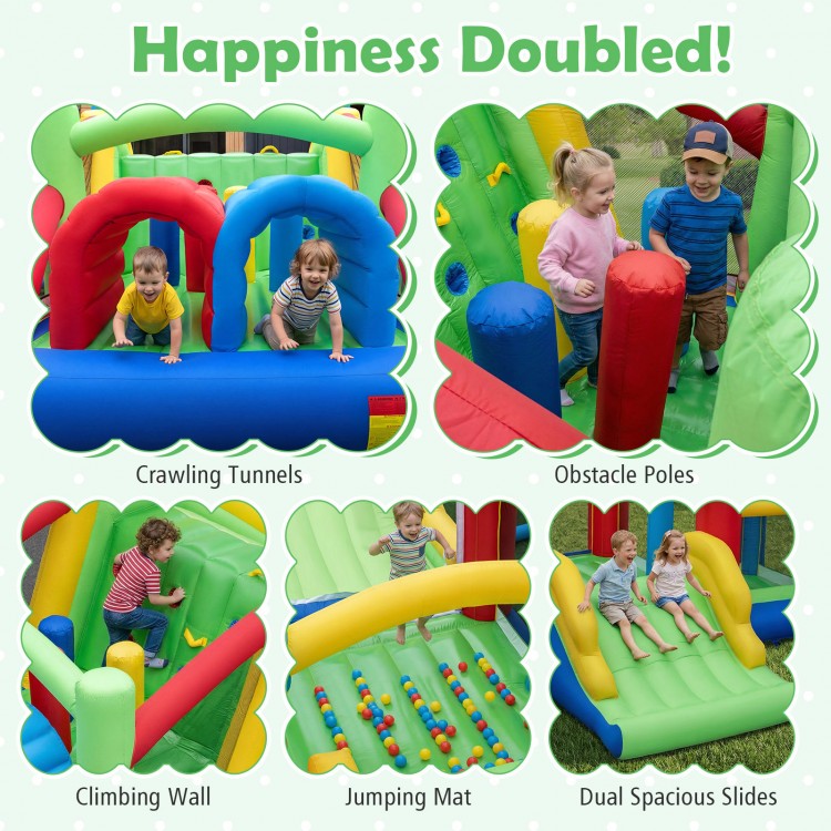 Inflatable bounce house with climbing wall, dual slides, and crawling tunnels for kids' outdoor fun and active play.