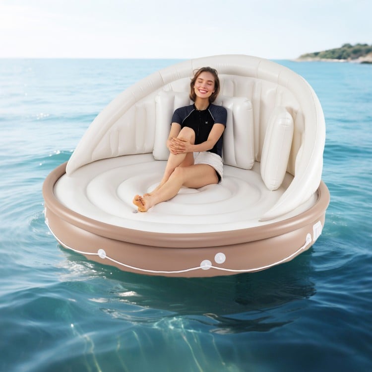 Inflatable Canopy Island Tanning Pool Lounger Float with retractable canopy, featuring ergonomic design for beach.