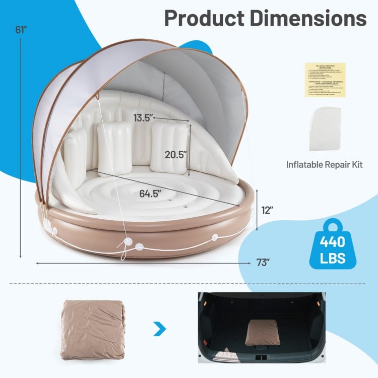 Inflatable Canopy Island Tanning Pool Lounger with SPF 50+ fabric, ergonomic design, and three pillows for ultimate.