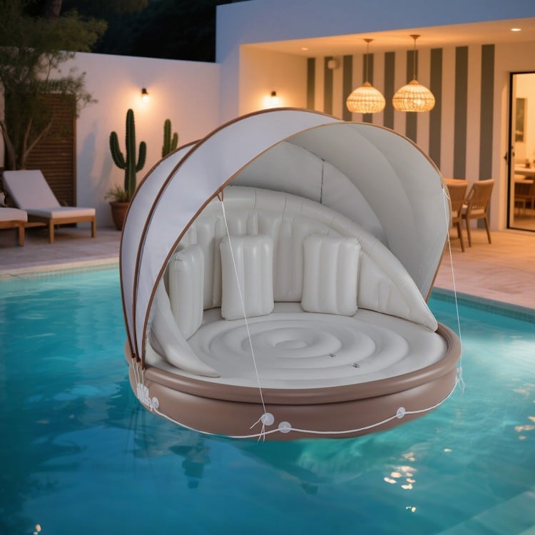 Inflatable Canopy Island tanning pool lounger float with retractable canopy for poolside relaxation and sun protection.