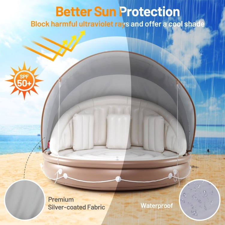 Inflatable canopy island lounger float with SPF 50+ silver-coated fabric, ergonomic design, and waterproof PVC for.
