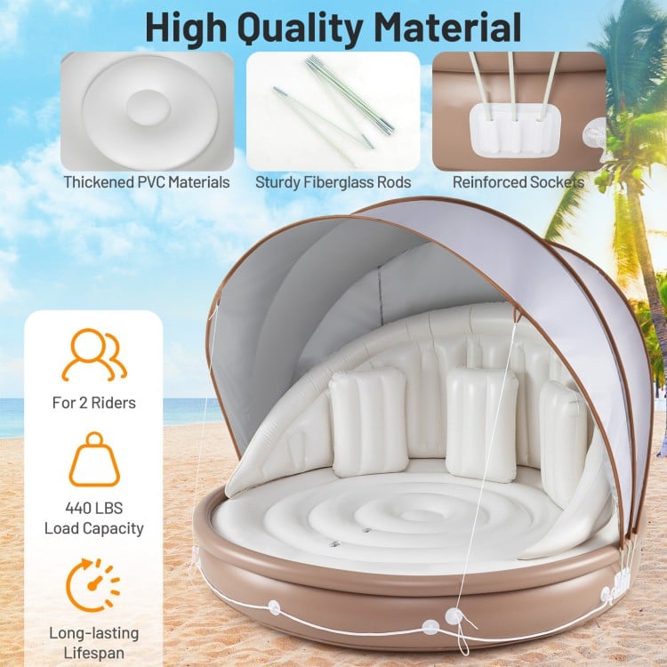 Inflatable canopy island lounger float with retractable canopy, durable PVC, SPF 50+ protection, ideal for beach.