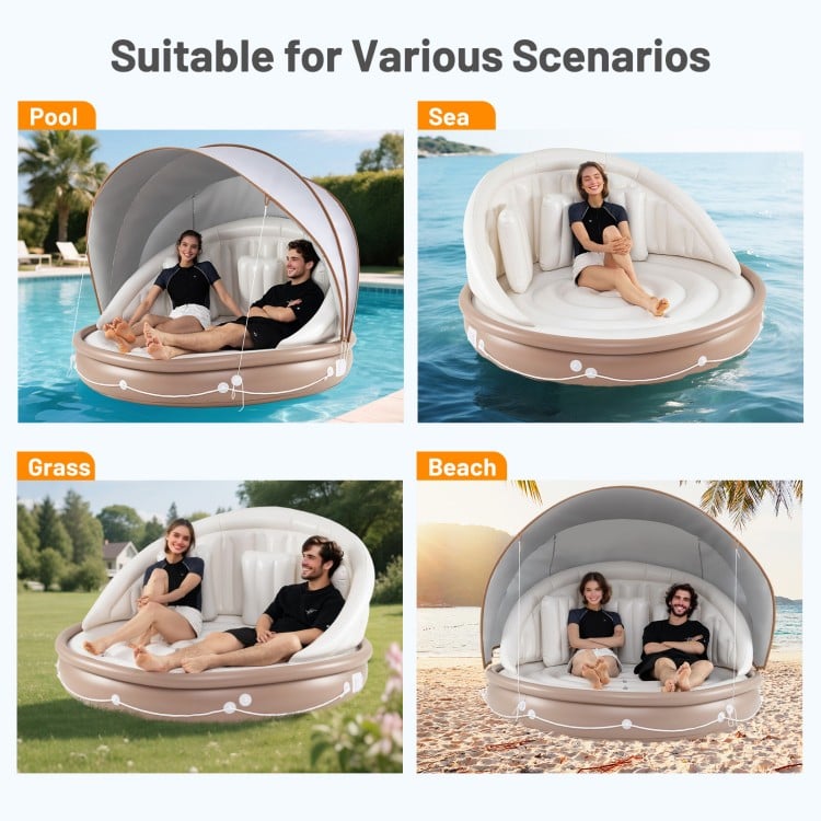 Inflatable Canopy Island Tanning Pool Lounger Float with retractable canopy, ideal for beach, pool, or garden.