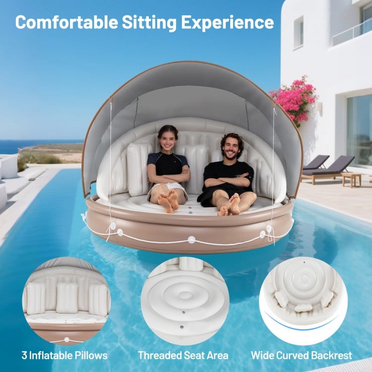 Inflatable Canopy Island Tanning Pool Lounger Float with retractable canopy, three pillows, and ergonomic backrest for.