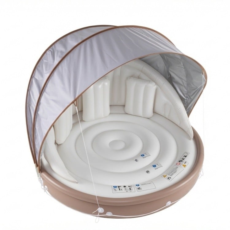 Inflatable canopy island tanning pool lounger float with retractable canopy, featuring SPF 50+ protection and ergonomic.