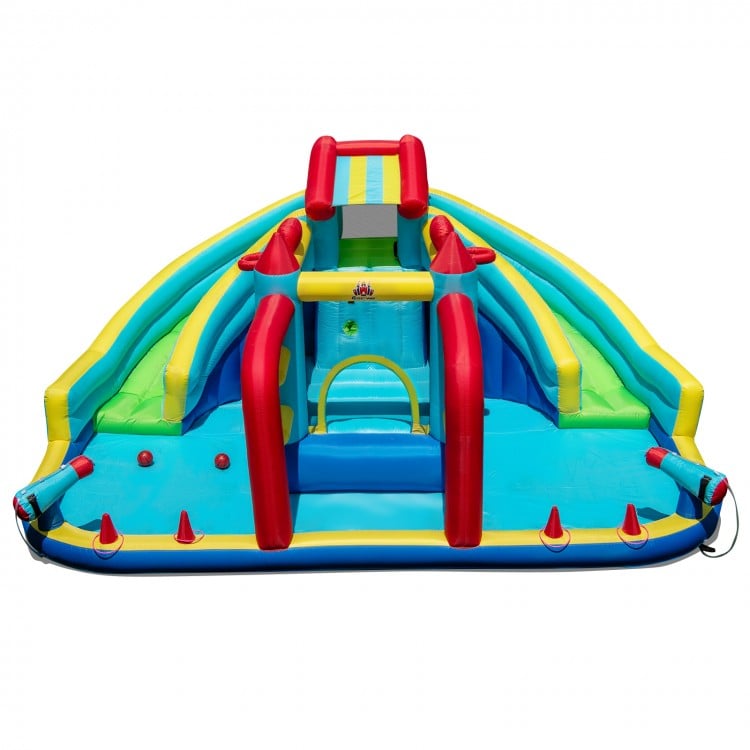 Inflatable Double Water Slide Park featuring slides, obstacle course, and jumping area for outdoor fun and active play.
