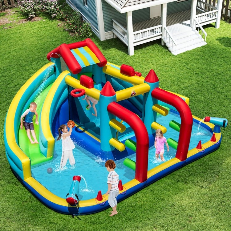 Inflatable Double Water Slide Park featuring slides, obstacle course, and water cannons for outdoor fun and active play.
