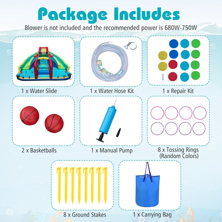 Inflatable double water slide park with obstacle course, featuring 2 basketballs, manual pump, and tossing rings for.