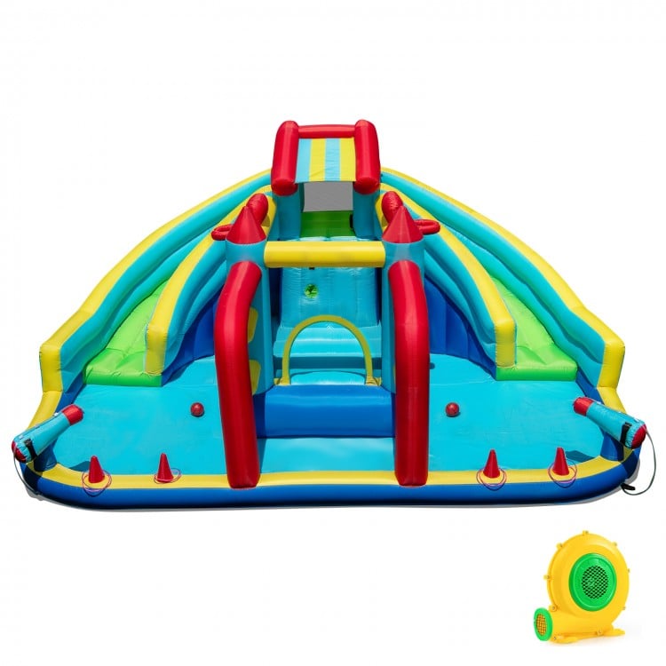 Inflatable Double Water Slide Park featuring dual slides, obstacle course, and 680W blower for year-round fun.