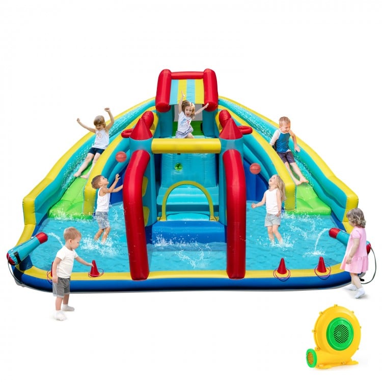 Inflatable Double Water Slide Park with obstacle course, featuring slides, water cannons, and climbing wall for outdoor.